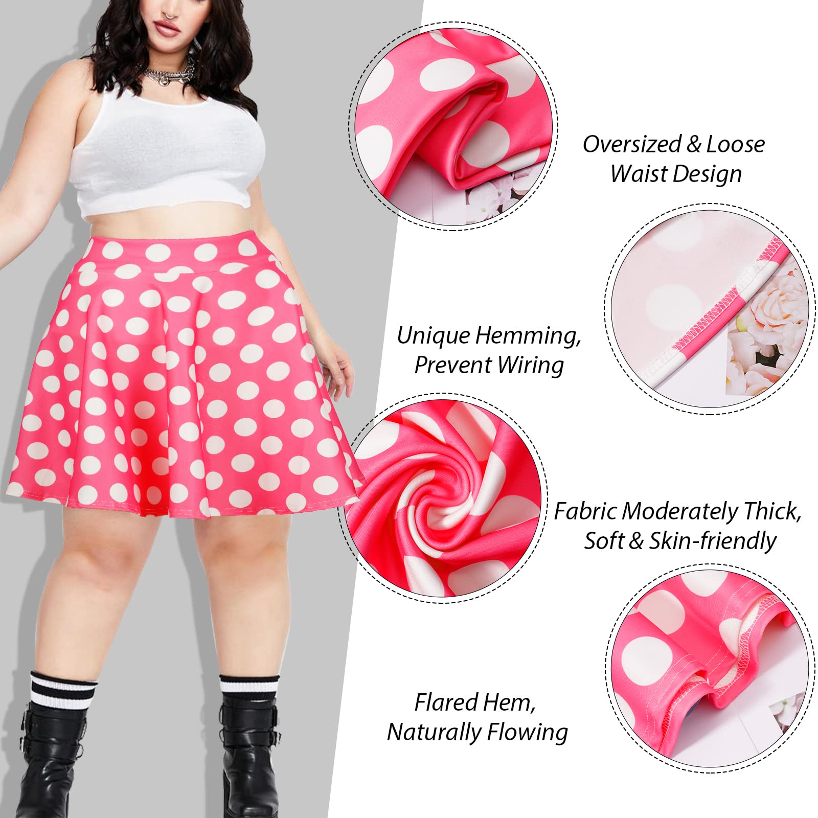 High Waisted Skater Skirt Plus Size-Pink & White Dots - Moon Wood