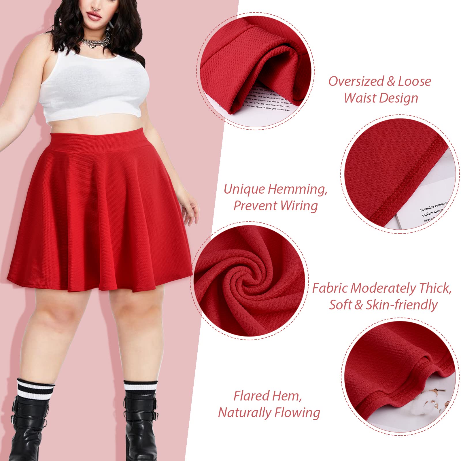 High Waisted Skater Skirt Plus Size-Red - Moon Wood