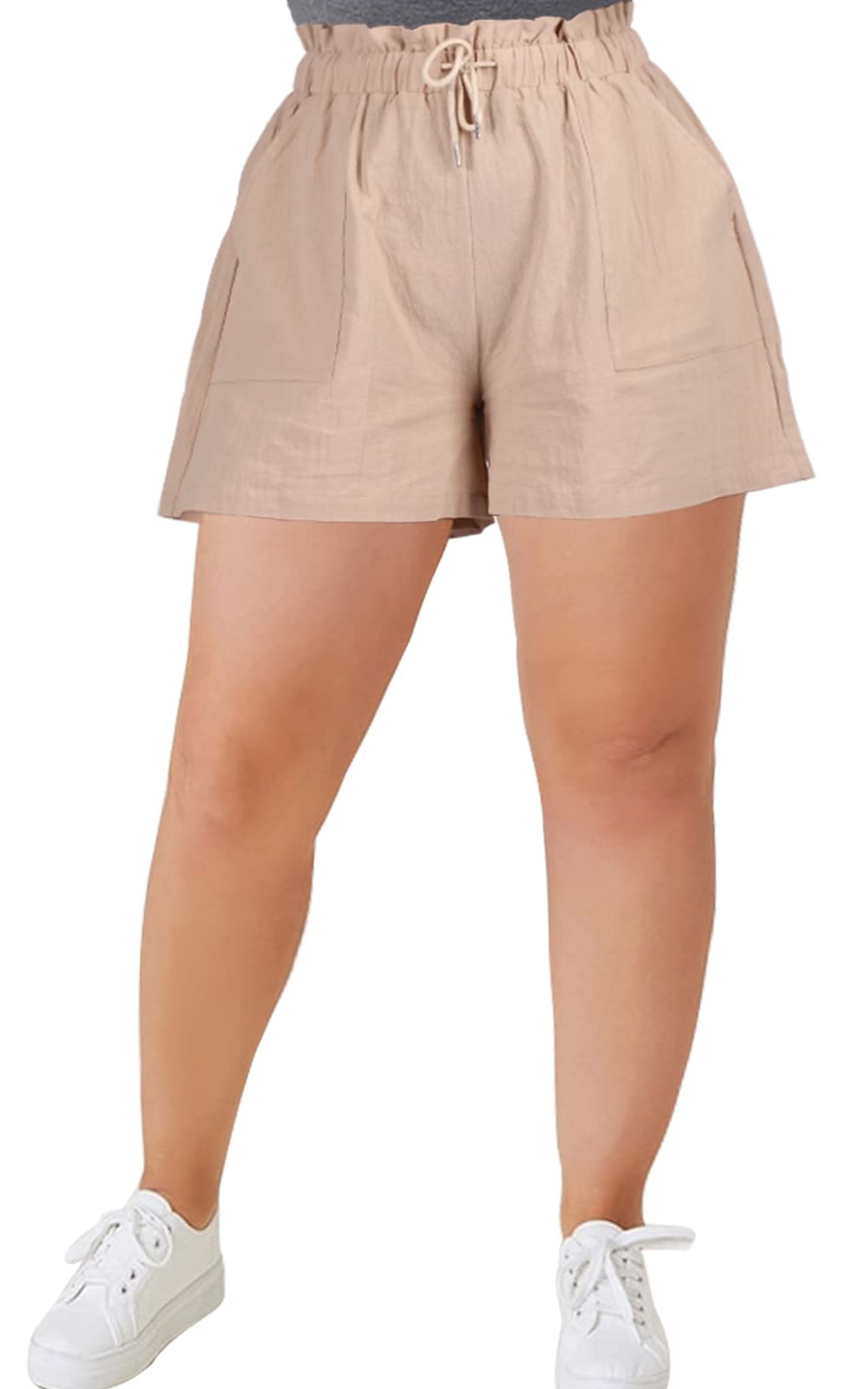 Linen High Waisted Pleated Drawstring Shorts Women's Plus Size Shorts-Beige - Moon Wood
