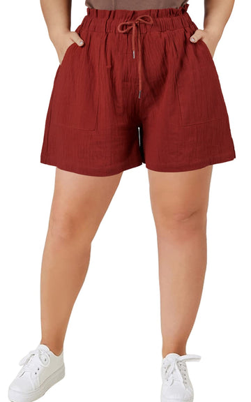 Linen High Waisted Pleated Drawstring Shorts Women's Plus Size Shorts-Red