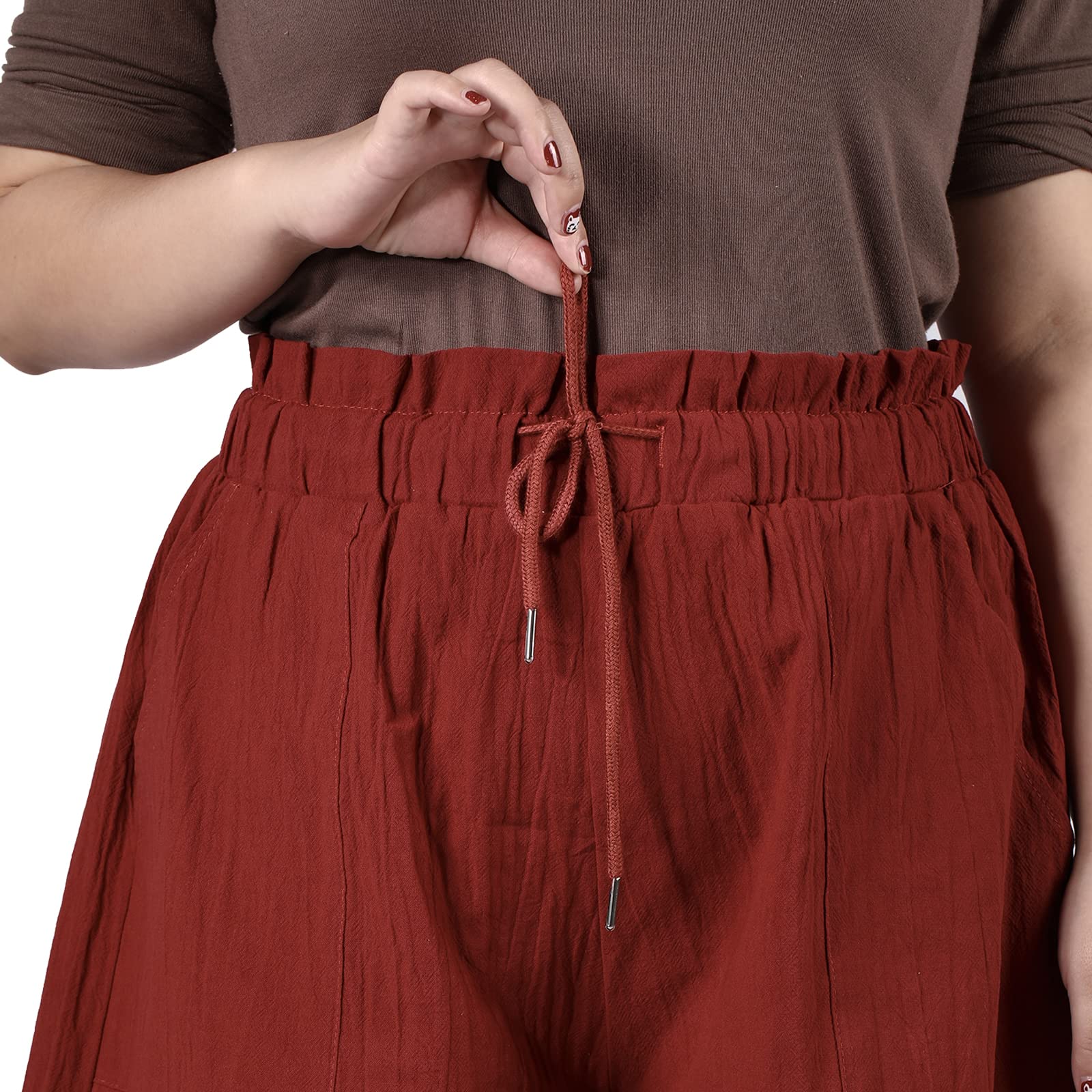 Linen High Waisted Pleated Drawstring Shorts Women's Plus Size Shorts-Red - Moon Wood
