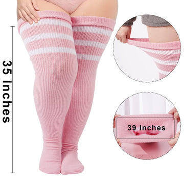 Plus Size Thigh High Socks Striped- Baby Pink & White