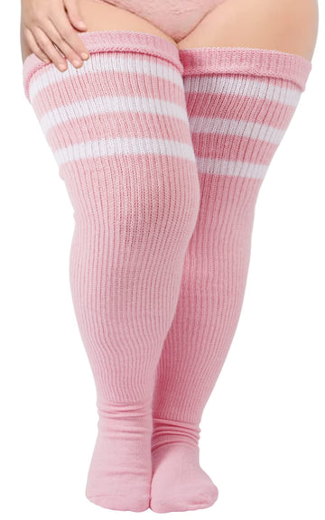Plus Size Thigh High Socks Striped- Baby Pink & White - Moon Wood