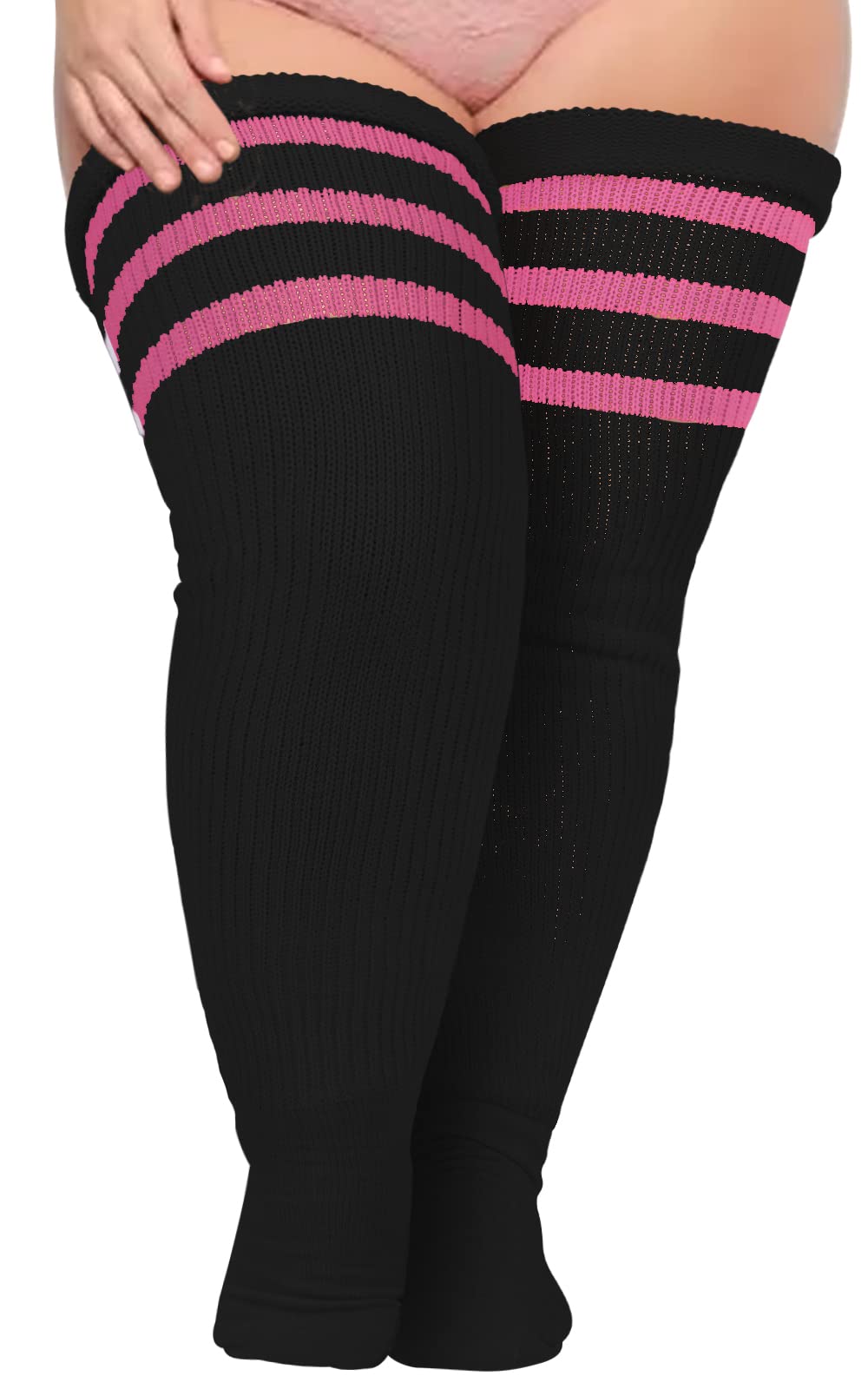 Plus Size Thigh High Socks Striped- Black & Pink - Moon Wood
