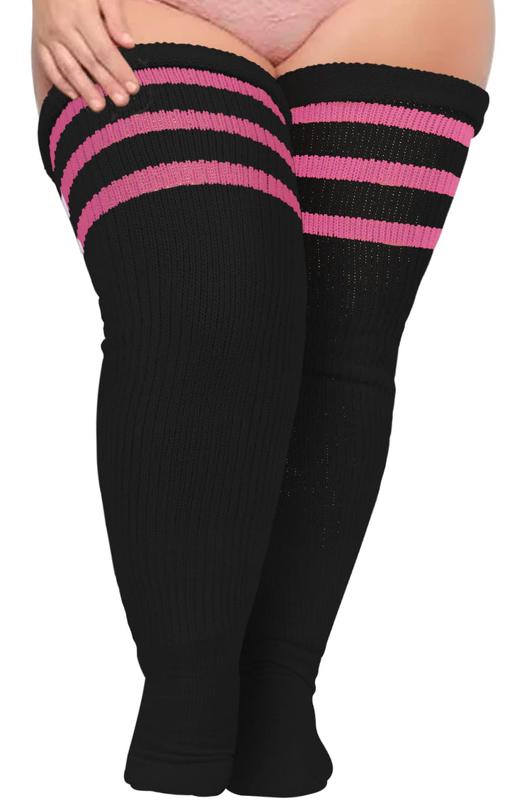 Plus Size Thigh High Socks Striped Black & Pink丨Moon Wood