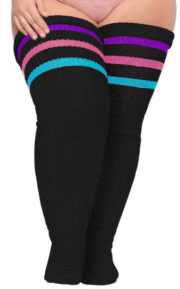 Plus Size Thigh High Socks Striped- Black & Rainbow