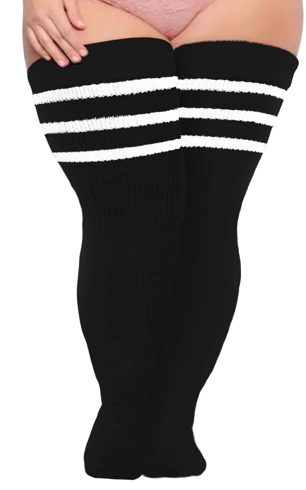 Plus Size Thigh High Socks Striped- Black & White - Moon Wood