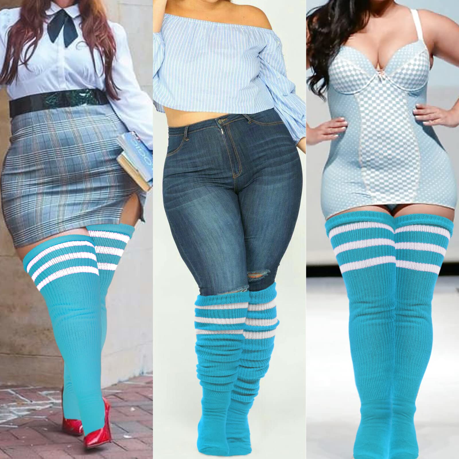 Plus Size Thigh High Socks Striped- Blue & White - Moon Wood