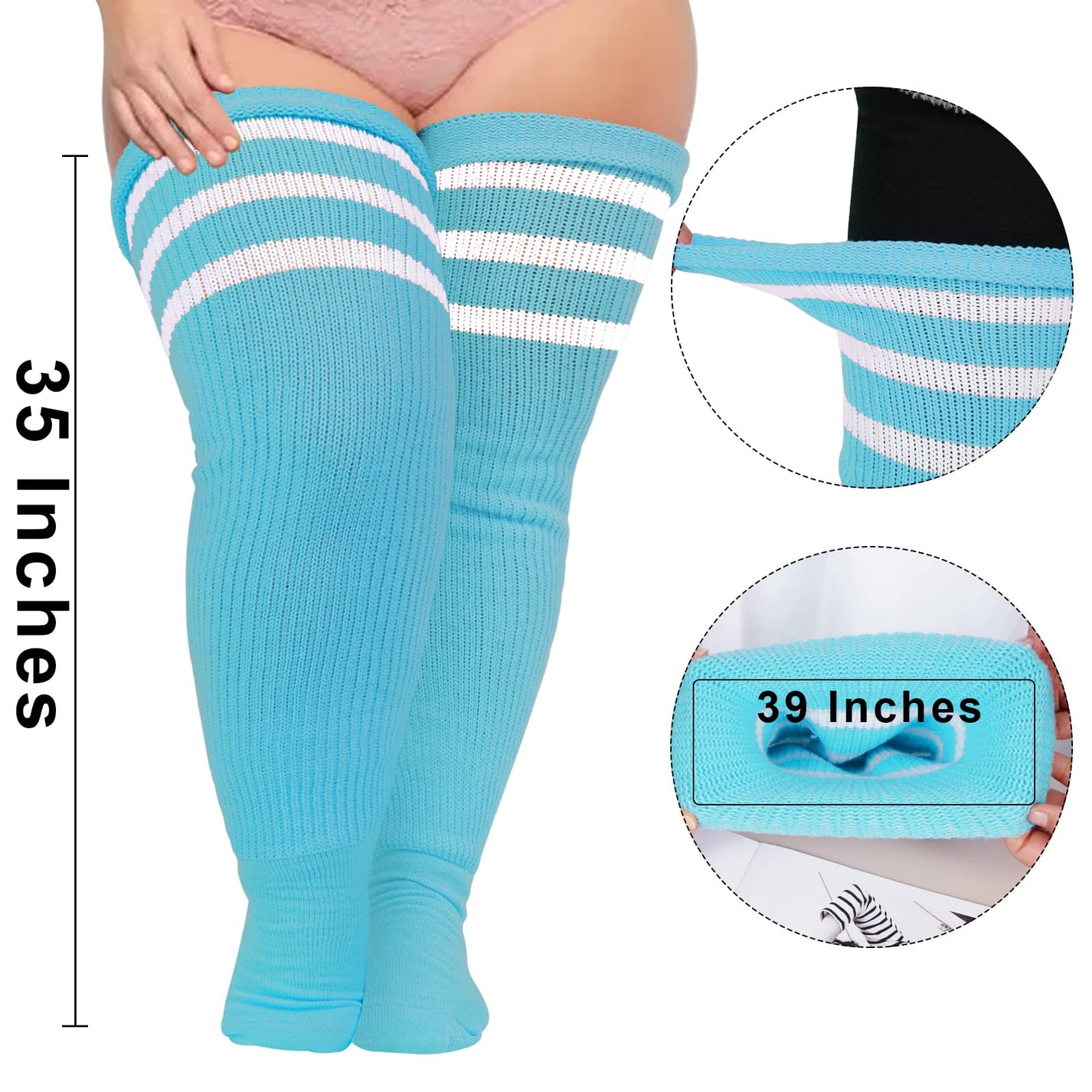 Plus Size Thigh High Socks Striped Blue & White丨Moon Wood