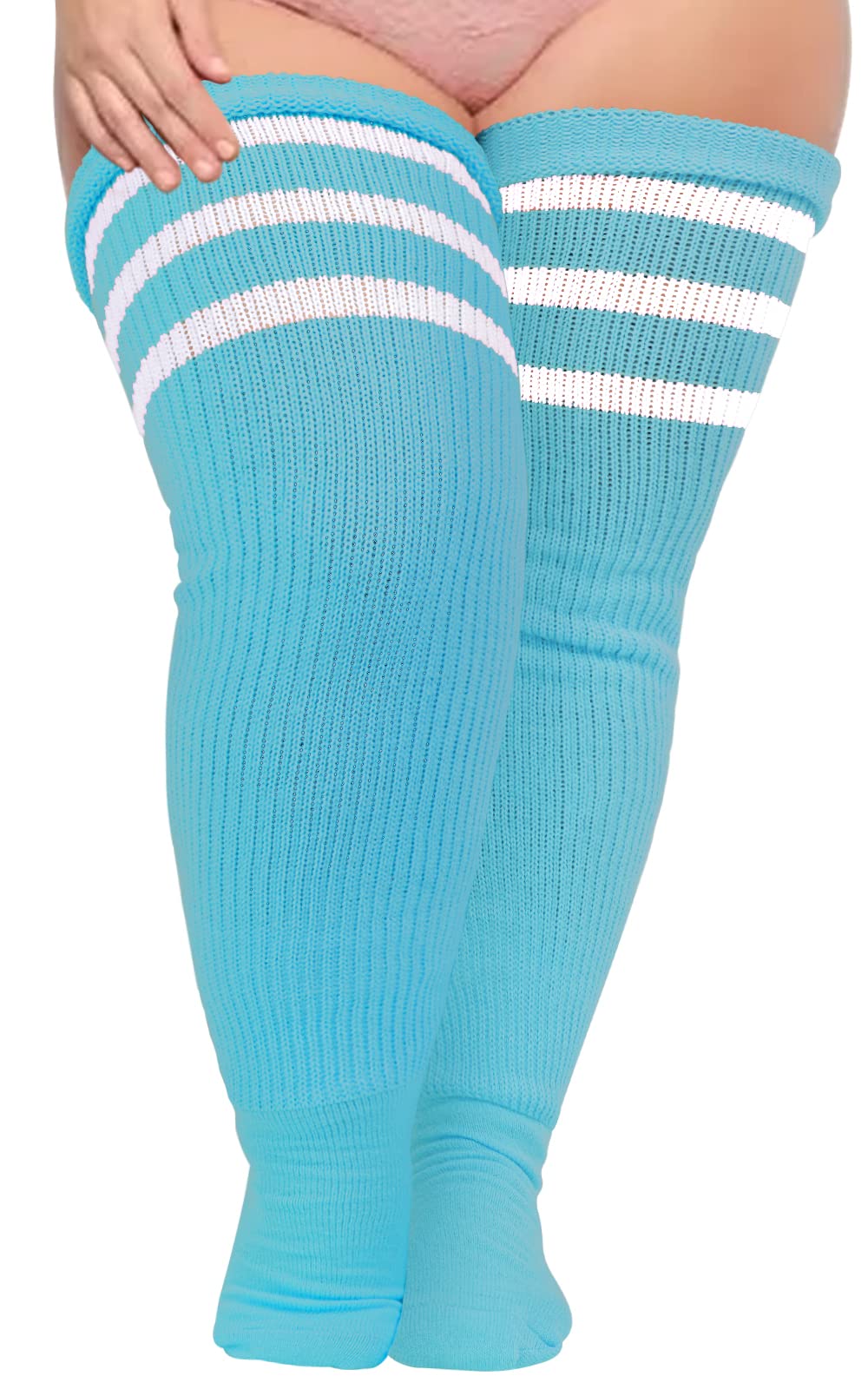 Plus Size Thigh High Socks Striped- Blue & White - Moon Wood