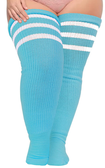 Plus Size Thigh High Socks Striped- Blue & White