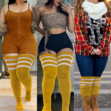 Plus Size Thigh High Socks Striped- Bright Ginger Yellow & White