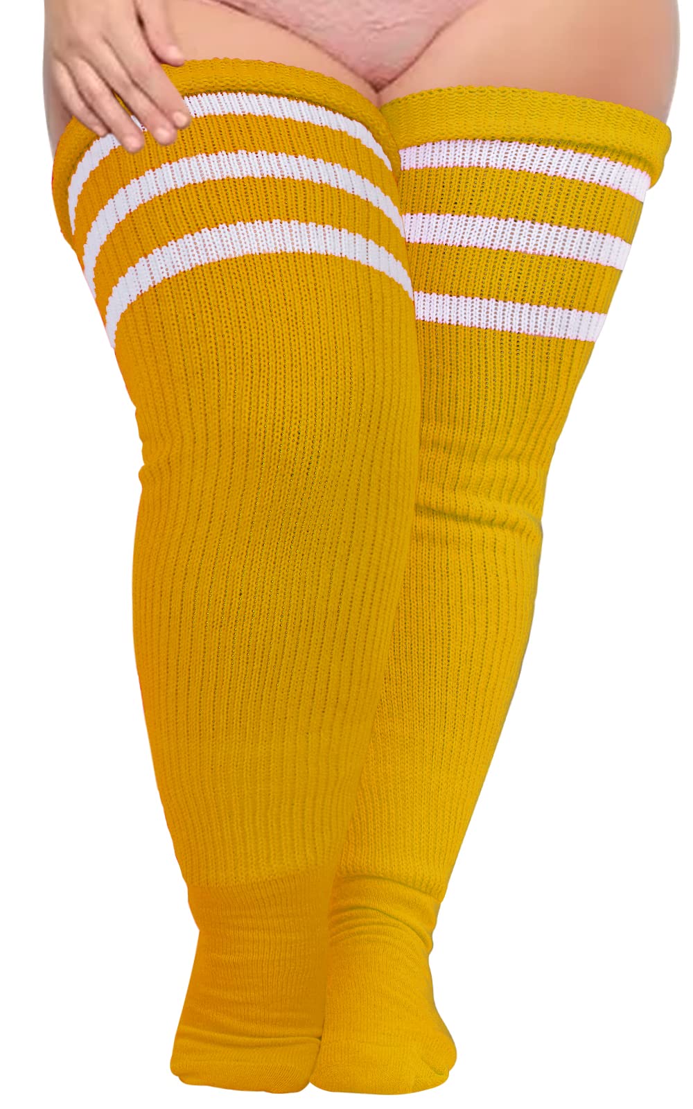 Plus Size Thigh High Socks Striped- Bright Ginger Yellow & White - Moon Wood