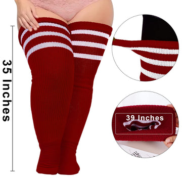 Plus Size Thigh High Socks Striped- Burgundy & White