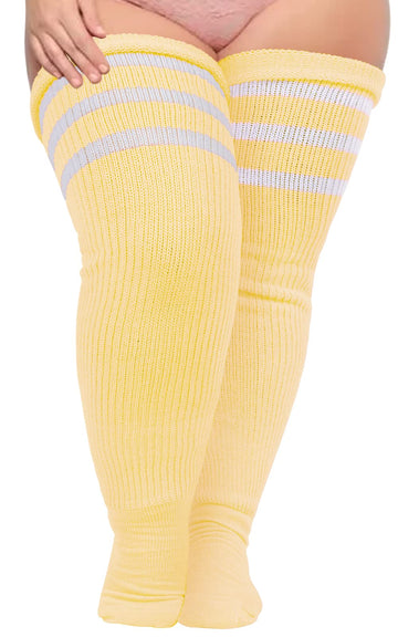 Plus Size Thigh High Socks Striped- Cream Yellow & White