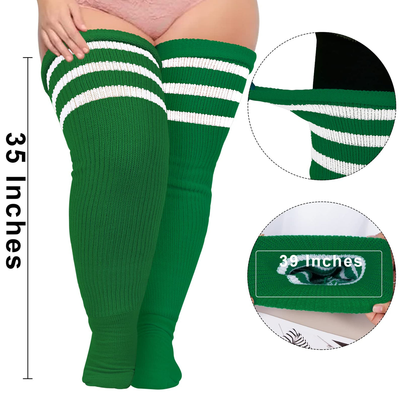 Plus Size Thigh High Socks Striped Light Emerald & White丨Moon Wood