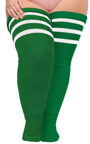 Oberschenkelhohe Socken in Übergröße, gestreift – Hellsmaragdgrün und Weiß
