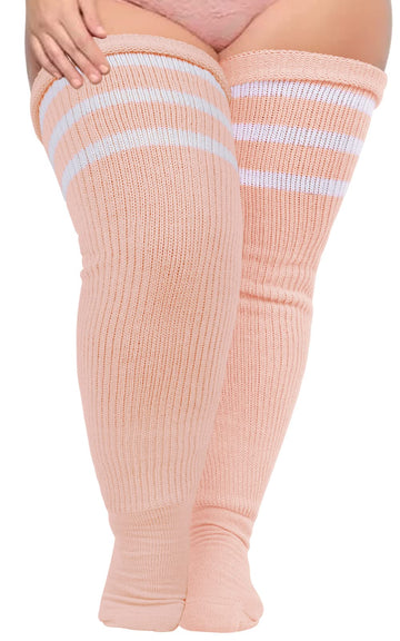 Plus Size Thigh High Socks Striped- Light Orange & White