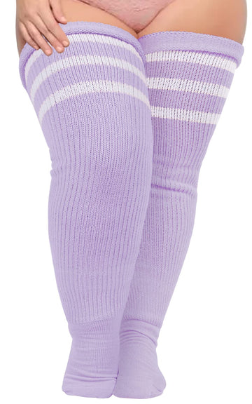 Plus Size Thigh High Socks Striped- Light Purple & White