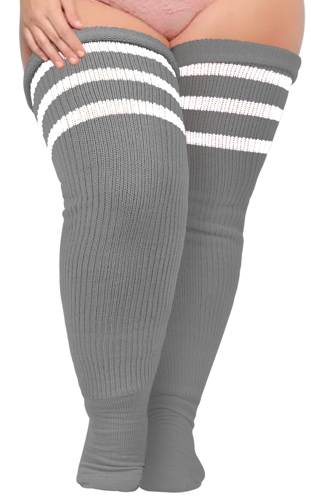 Plus Size Thigh High Socks Striped- Limestone Grey & White - Moon Wood
