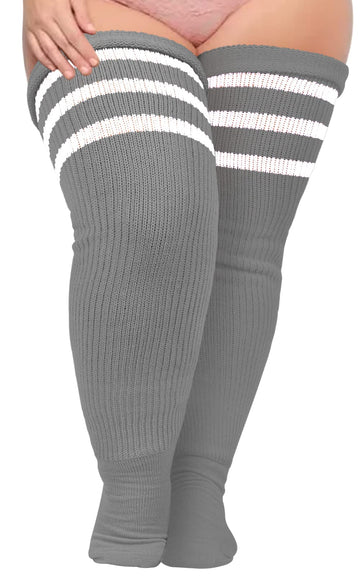 Plus Size Thigh High Socks Striped- Limestone Grey & White