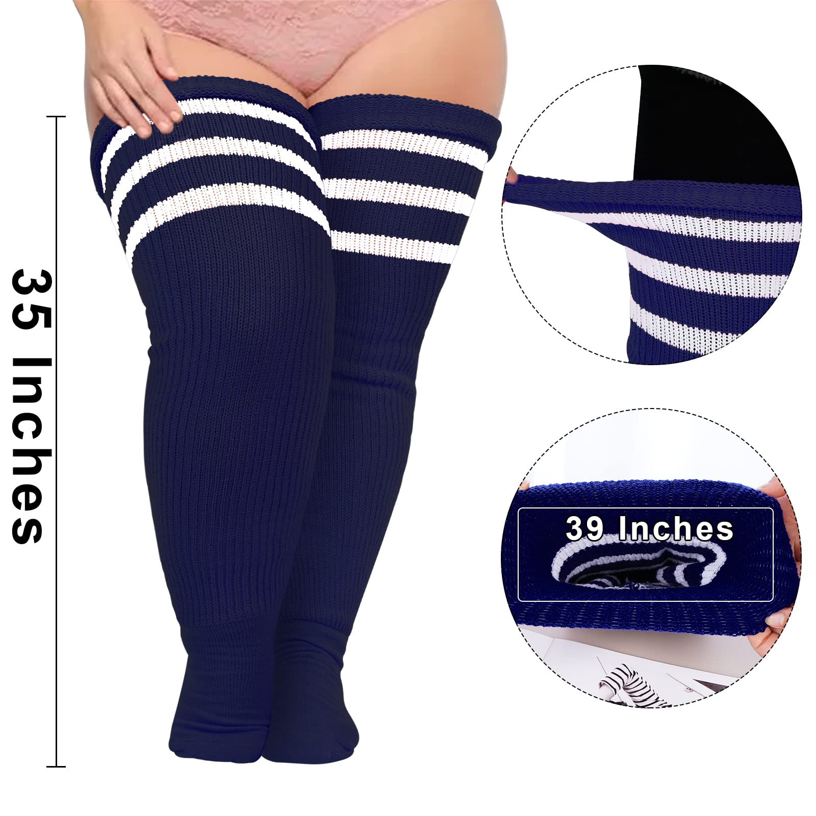Plus Size Thigh High Socks Striped- Navy & White - Moon Wood