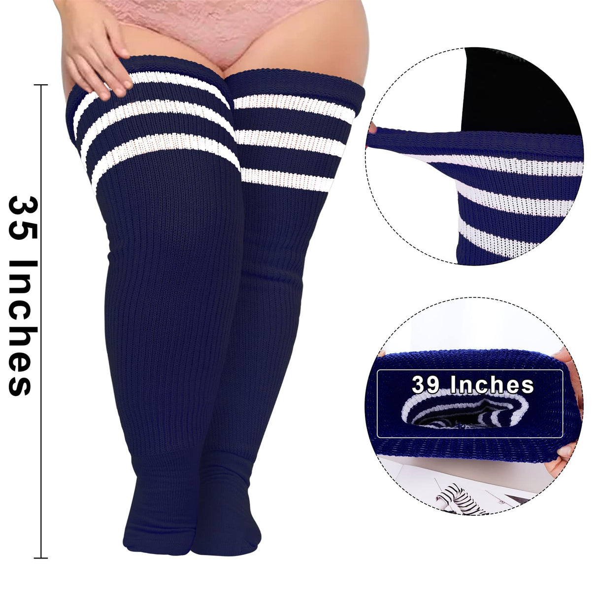 Plus Size Thigh High Socks Striped- Navy & White丨Moon Wood
