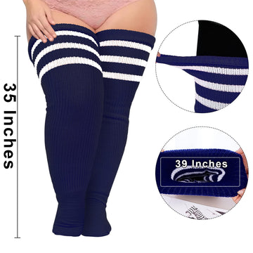 Oberschenkelhohe Socken in Übergröße, gestreift – Marineblau und Weiß