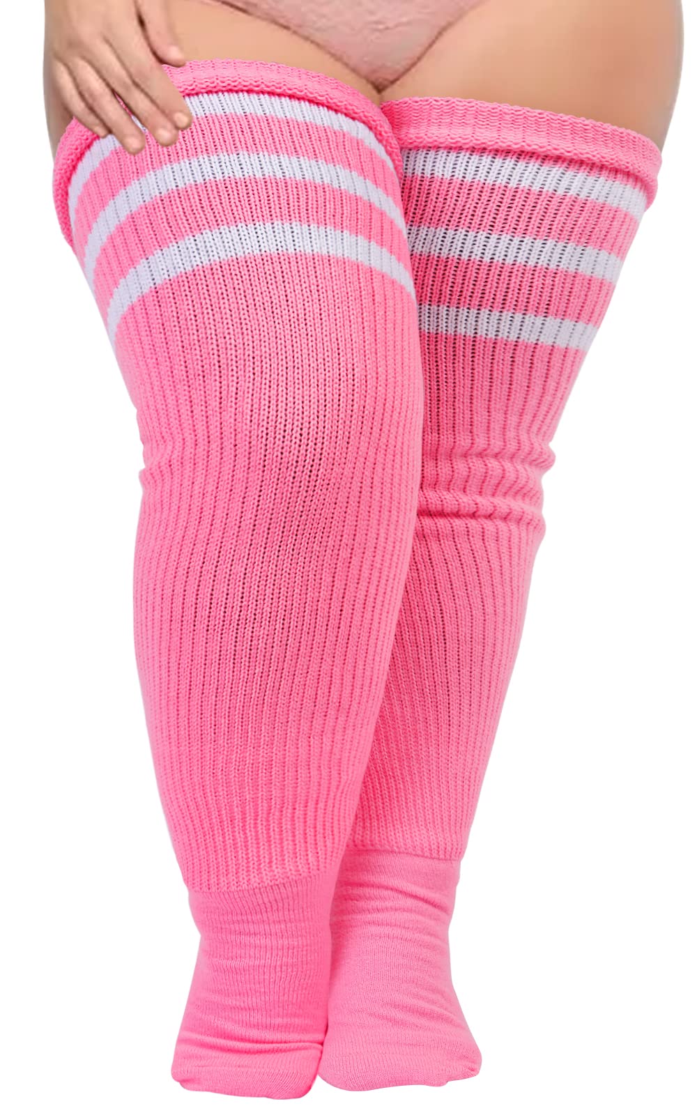 Plus Size Thigh High Socks Striped- Pink & White - Moon Wood