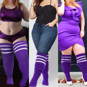 Plus Size Thigh High Socks Striped- Purple & White