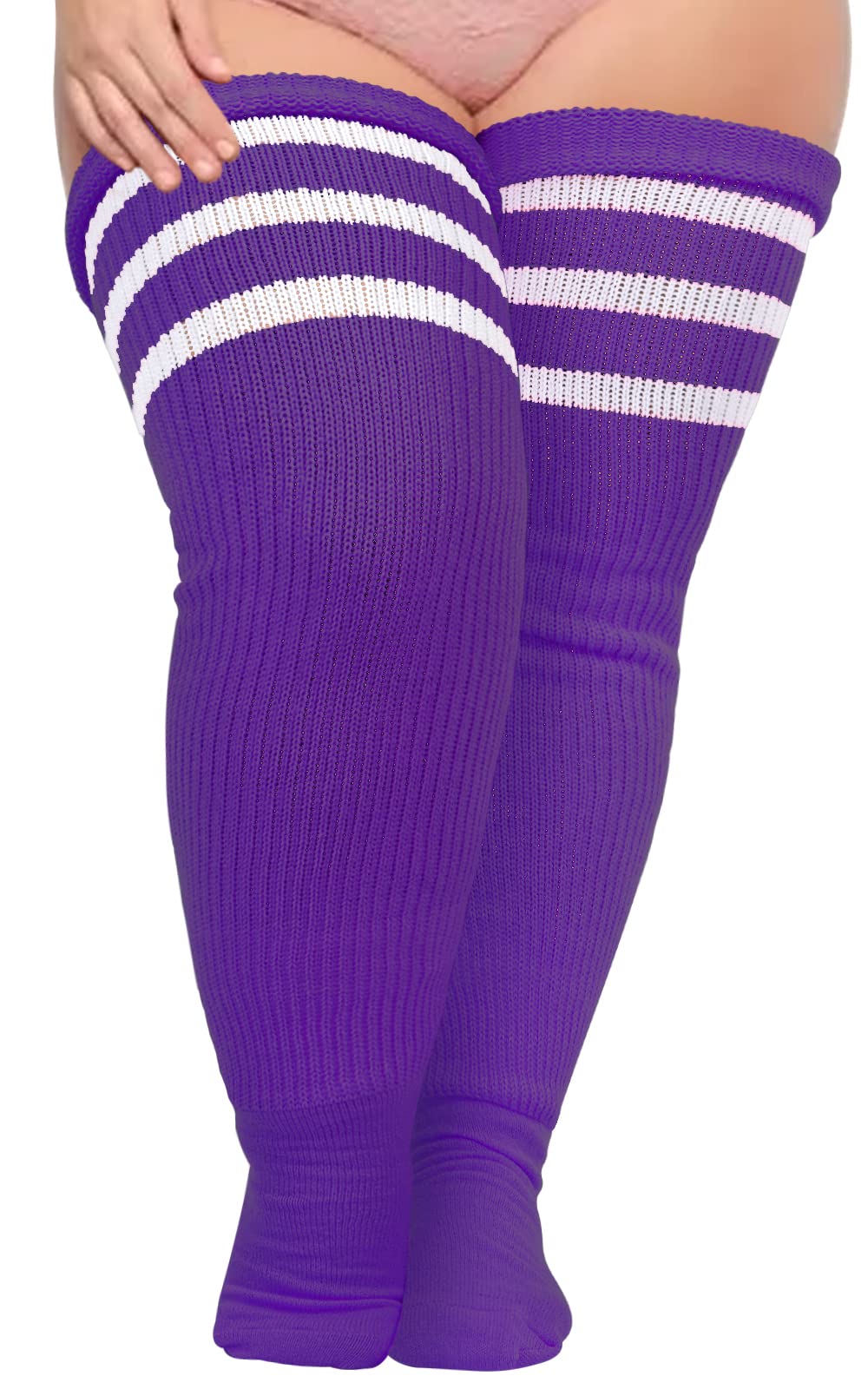 Plus Size Thigh High Socks Striped- Purple & White - Moon Wood