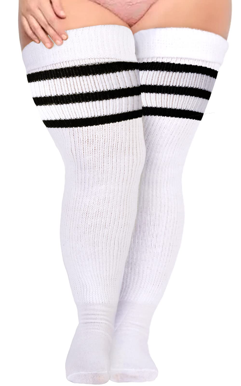 Plus Size Thigh High Socks Striped- White & Black - Moon Wood