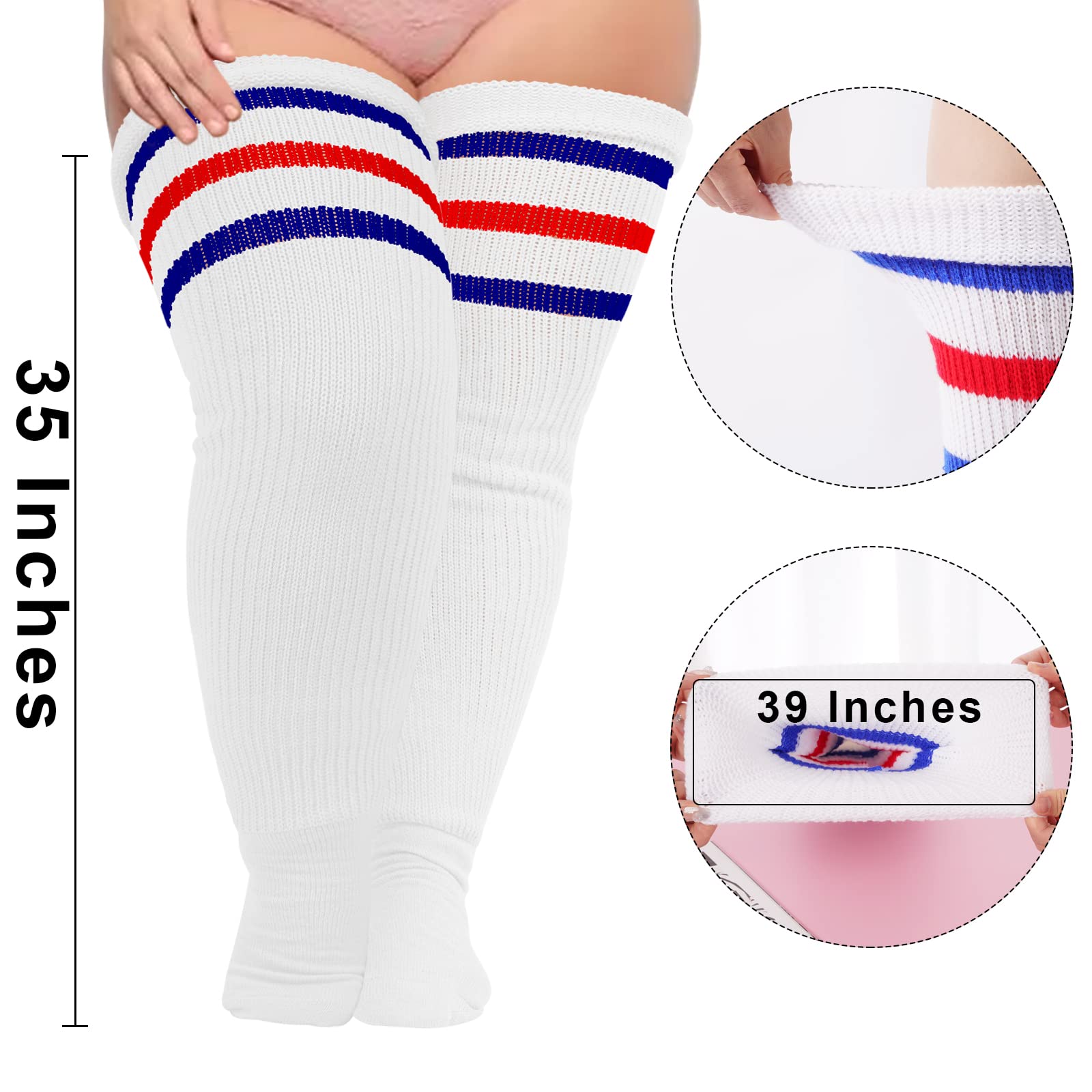 Plus Size Thigh High Socks Striped- White & Blue & Red - Moon Wood