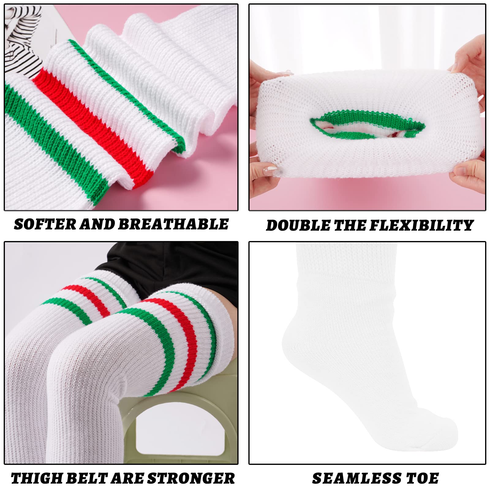 Plus Size Thigh High Socks Striped- White & Green & Red - Moon Wood