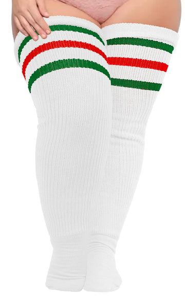 Plus Size Thigh High Socks Striped- White & Green & Red - Moon Wood