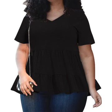 Plus Size Tops V-Neck Shirts Summer Tunic Solid XL-5X-Black