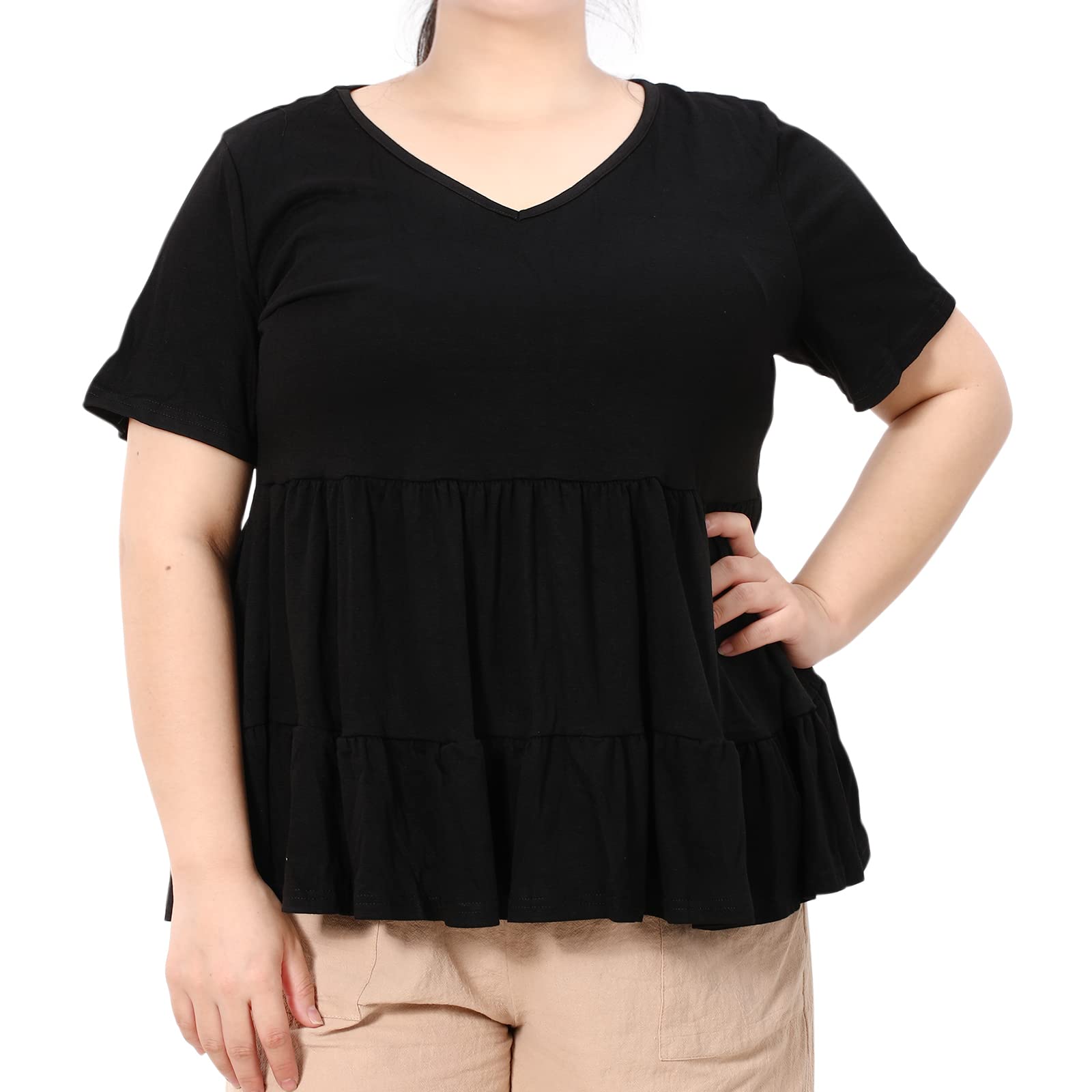 Plus Size Tops V-Neck Shirts Summer Tunic Solid XL-5X-Black - Moon Wood