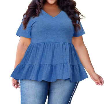 Plus Size Tops V-Neck Shirts Summer Tunic Solid XL-5X-Blue