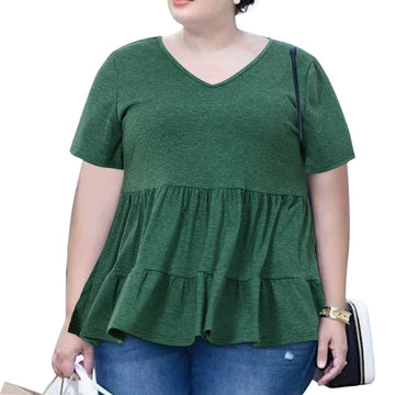 Plus Size Tops V-Neck Shirts Summer Tunic Solid XL-5X-Green