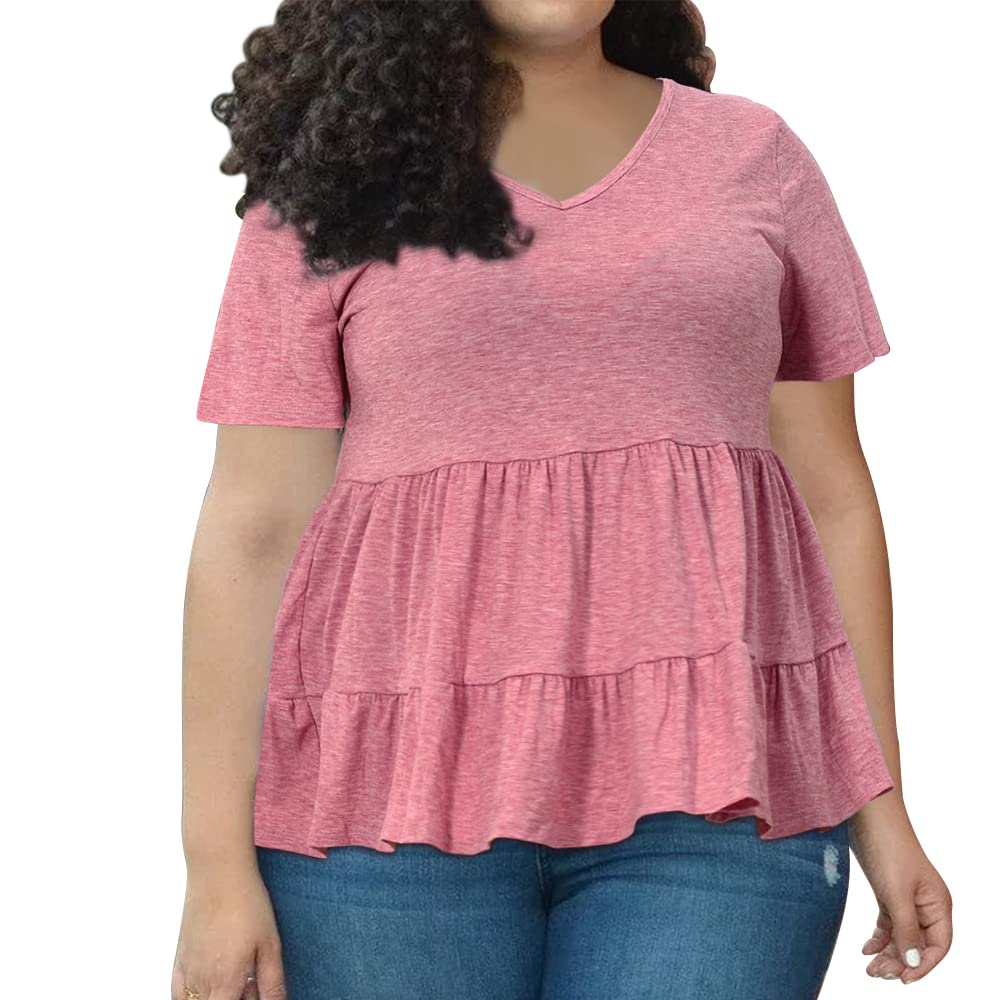 Plus Size Tops V-Neck Shirts Summer Tunic Solid XL-5X-Pink - Moon Wood