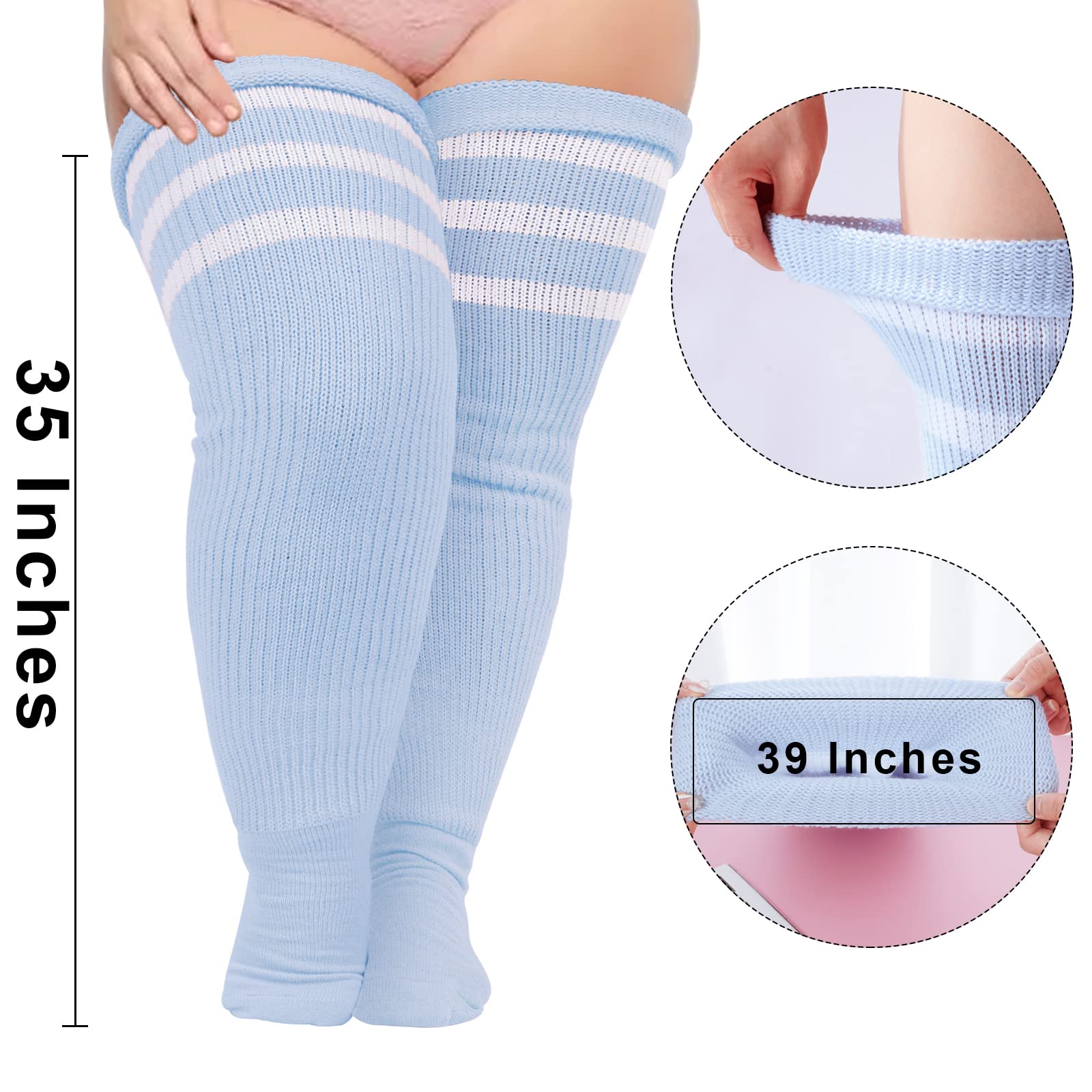 Plus Size Womens Thigh High Socks- Baby Blue & White - Moon Wood