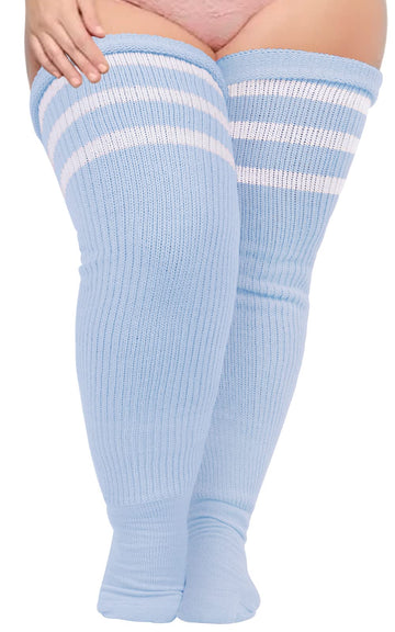 Plus Size Womens Thigh High Socks- Baby Blue & White - Moon Wood