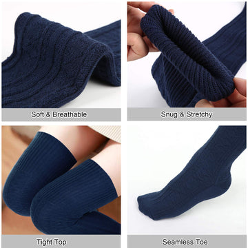 Navy thigh-high sock close-up: ribbed knit, stretchy cuff, seamless toe