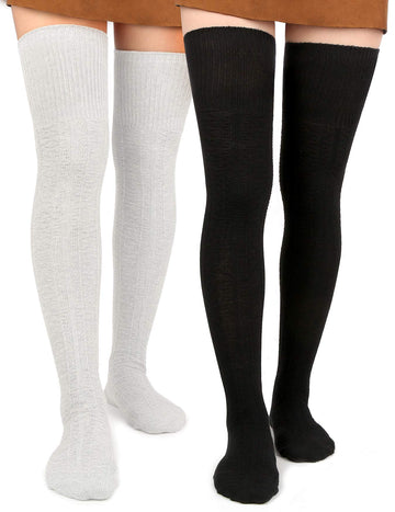 Thigh-high socks in white and black, ribbed knit with long leg coverage