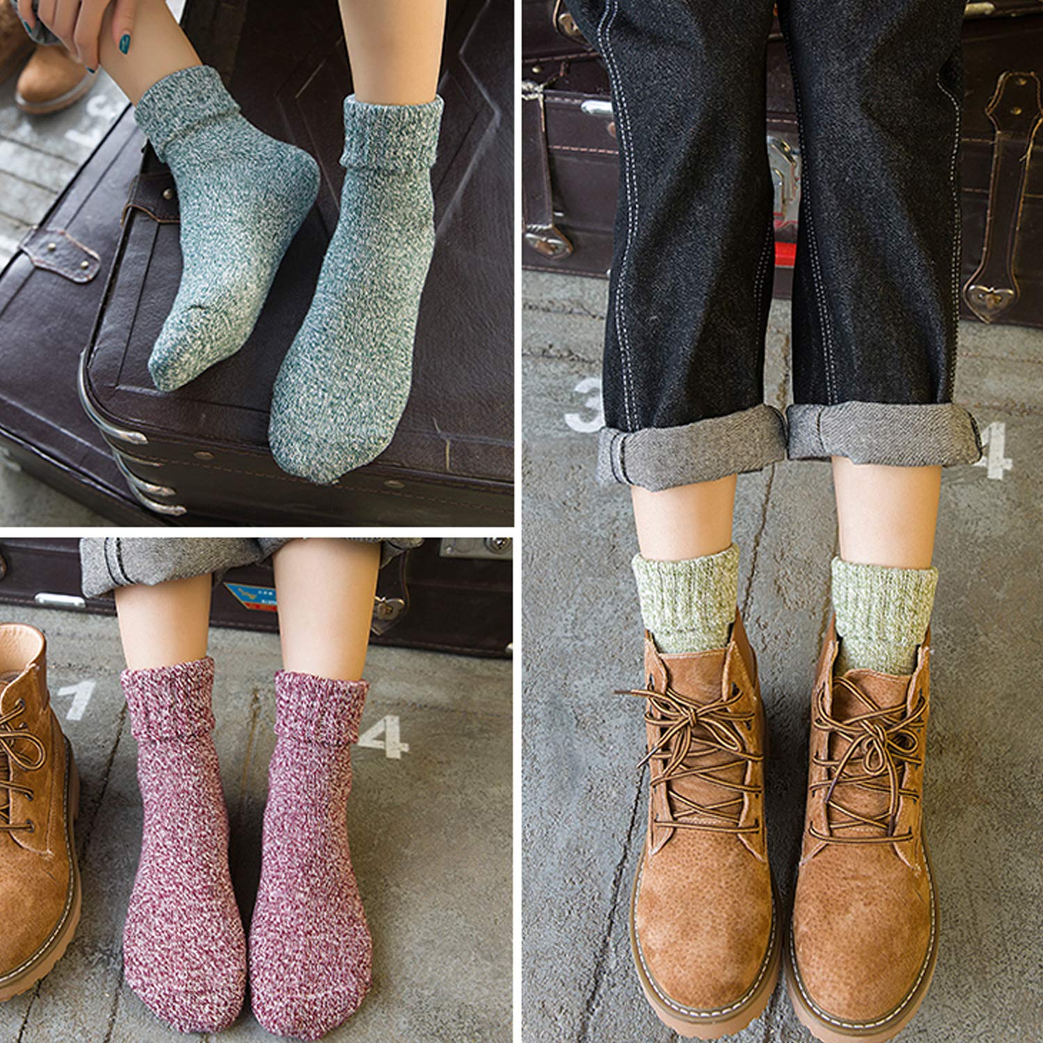Warm Vintage Thick Knit Wool Crew Socks 5 Pack - Moon Wood