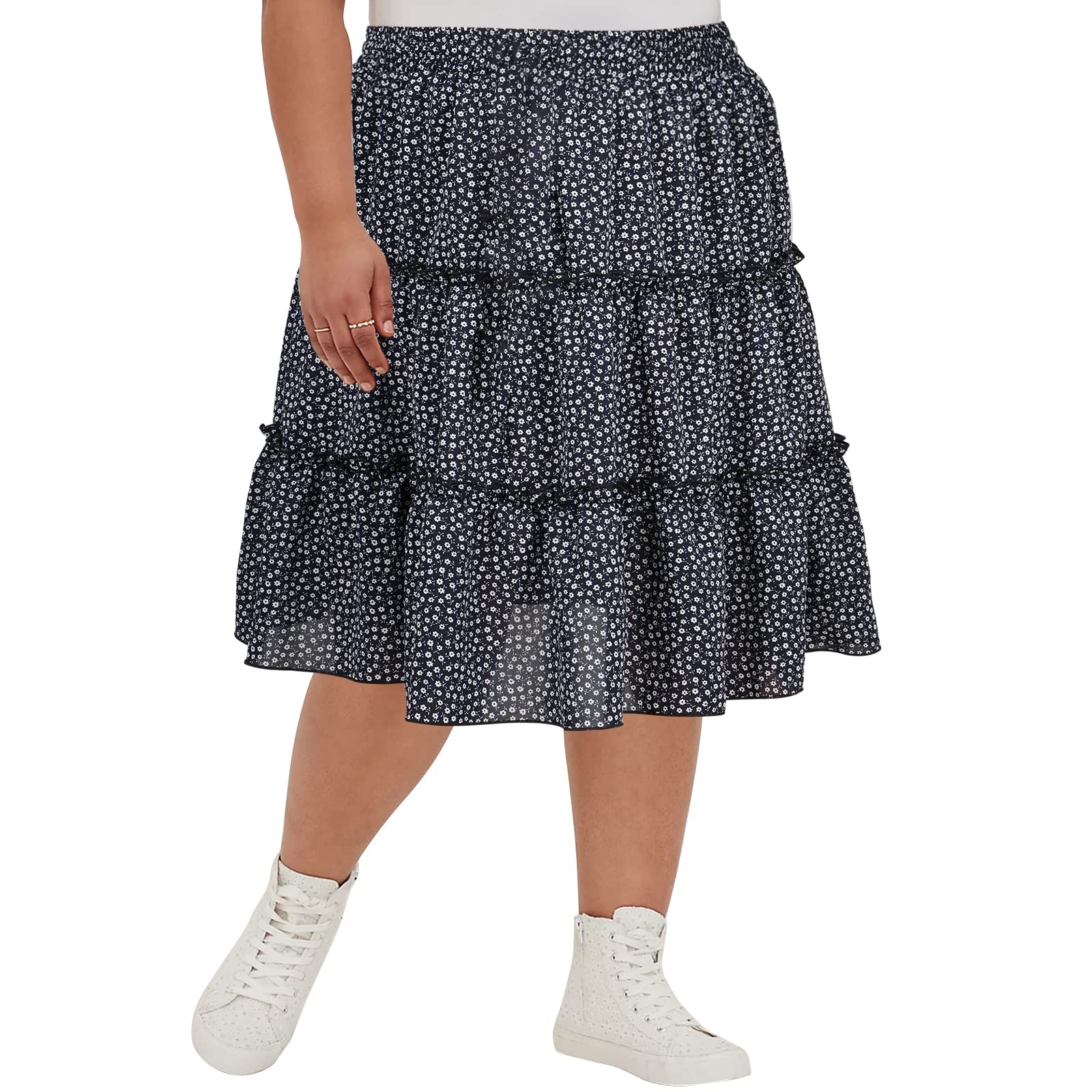 Women's Plus Size Summer High Waistd Midi-Skirts-navy blue and white - Moon Wood