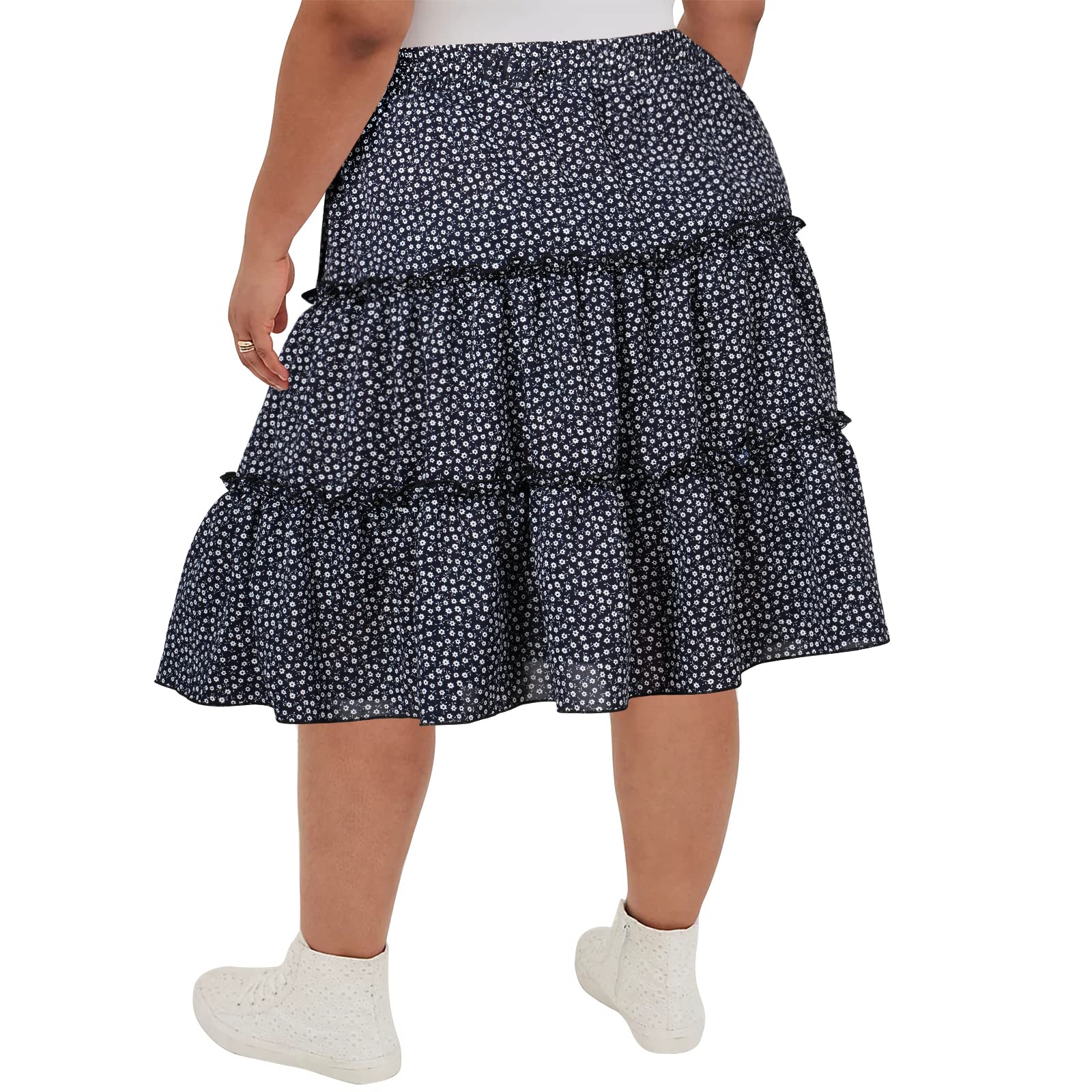 Women's Plus Size Summer High Waistd Midi-Skirts-navy blue and white - Moon Wood