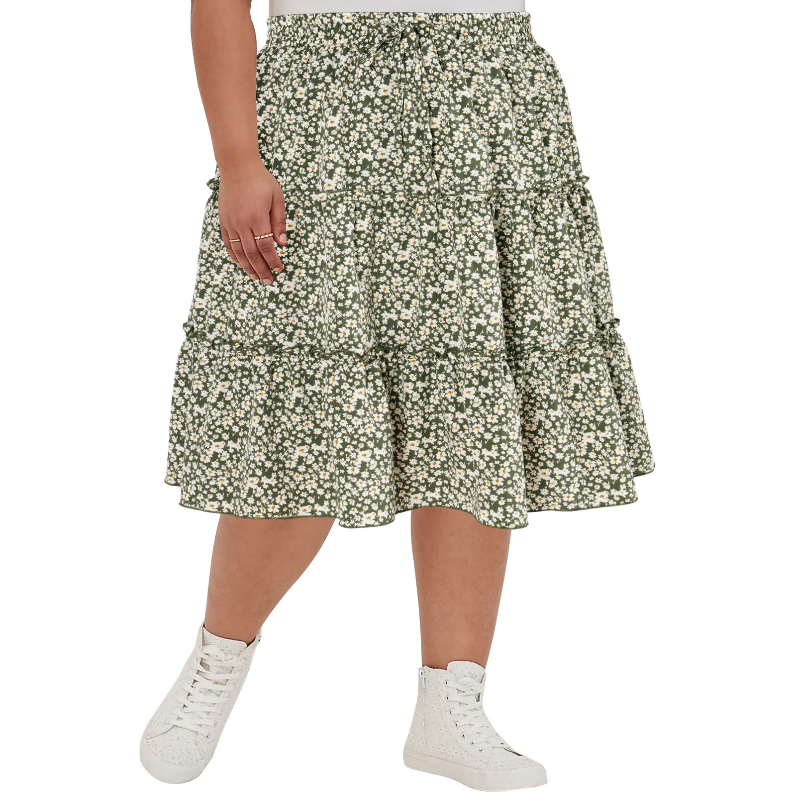 Women's Plus Size Summer High Waistd Ruffle Midi-Skirts-green and white - Moon Wood