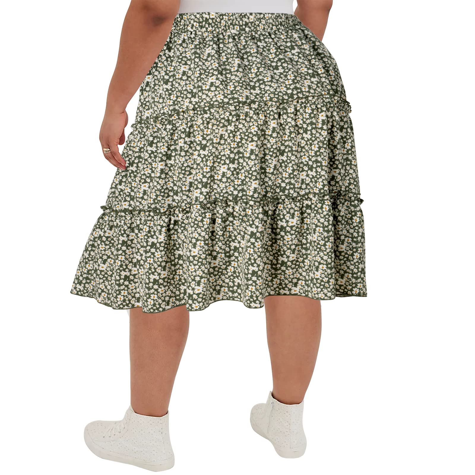 Women's Plus Size Summer High Waistd Ruffle Midi-Skirts-green and white - Moon Wood