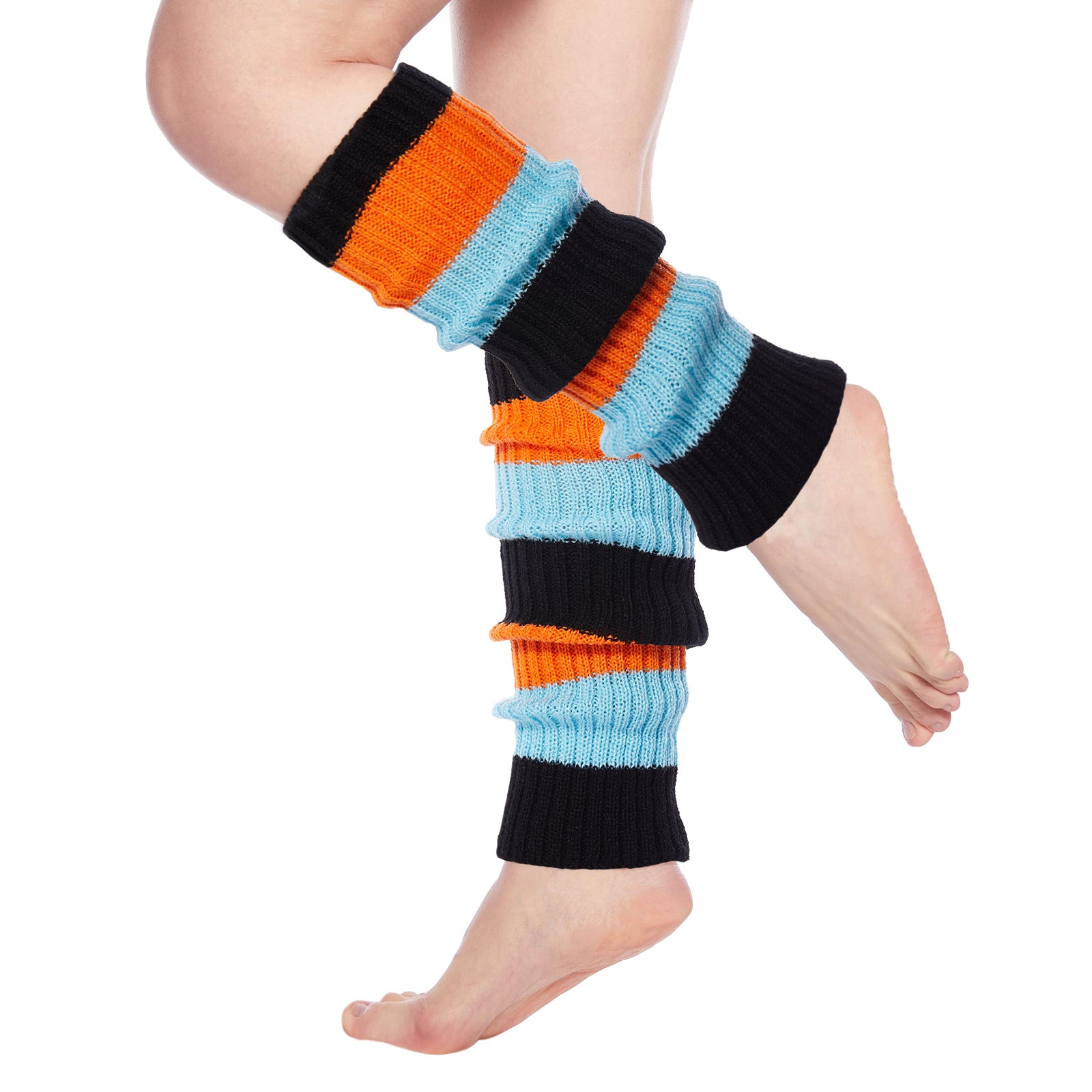 Womens Leg Warmers Neon Knitted for 80s Party Sports Yoga-Black & Blue & Bright Orange